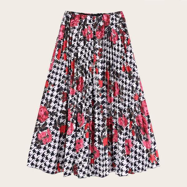 

Houndstooth And Floral Print Pleated Skirt