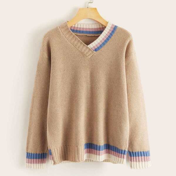

Contrast Panel V Neck Ribbed Knit Sweater