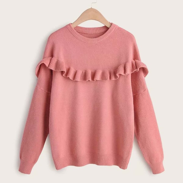 

Frill Rib Knit Trim Sweater, Pink