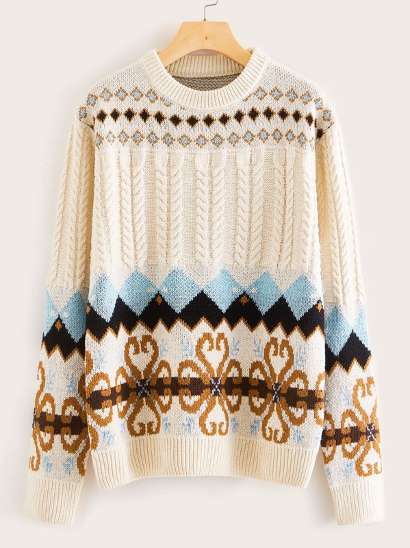 

Fair Isle Pattern Cable Knit Sweater, Beige