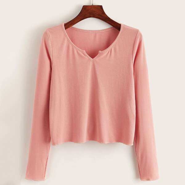 

Notched Neck Solid Crop Tee, Pink