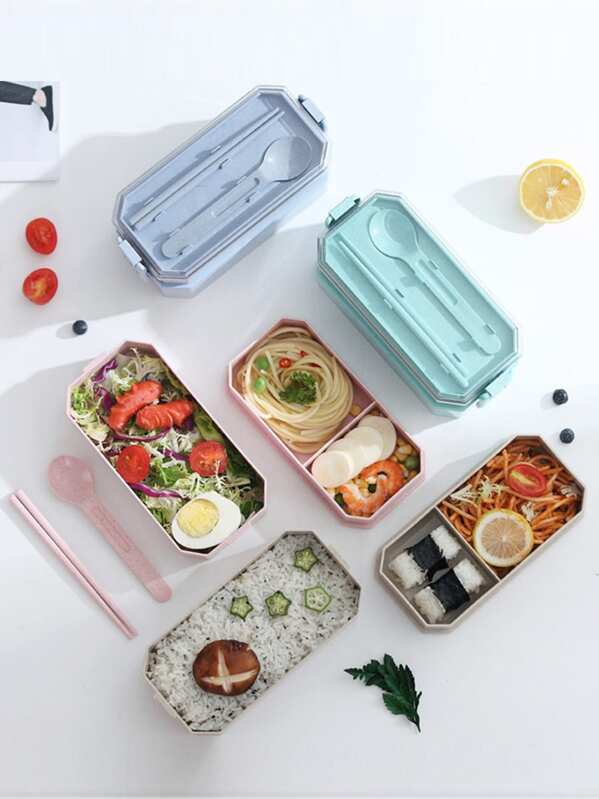 

1pc Wheat Straw Double Layer Lunch Box With Cutlery