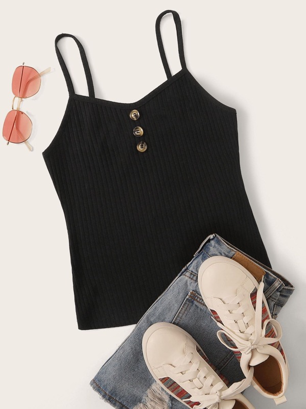 

Button Decoration Slim Rib-knit Cami, Black