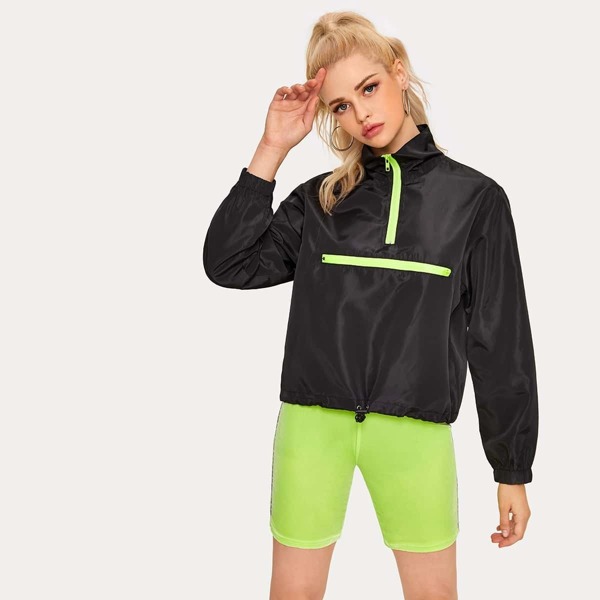 

Zip Front Drawstring Hem Anorak Jacket, Black