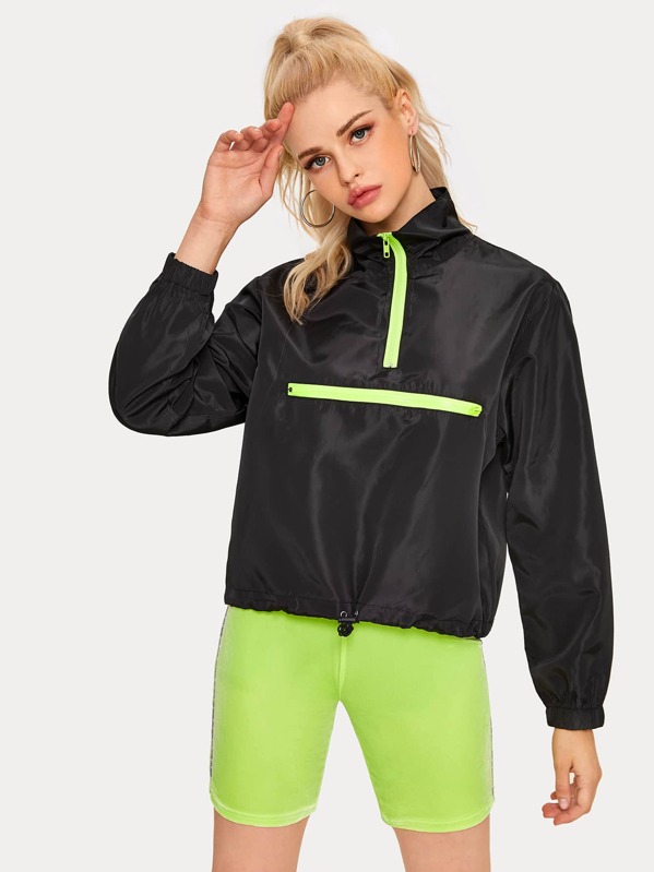 

Zip Front Drawstring Hem Anorak Jacket, Black, Kisa