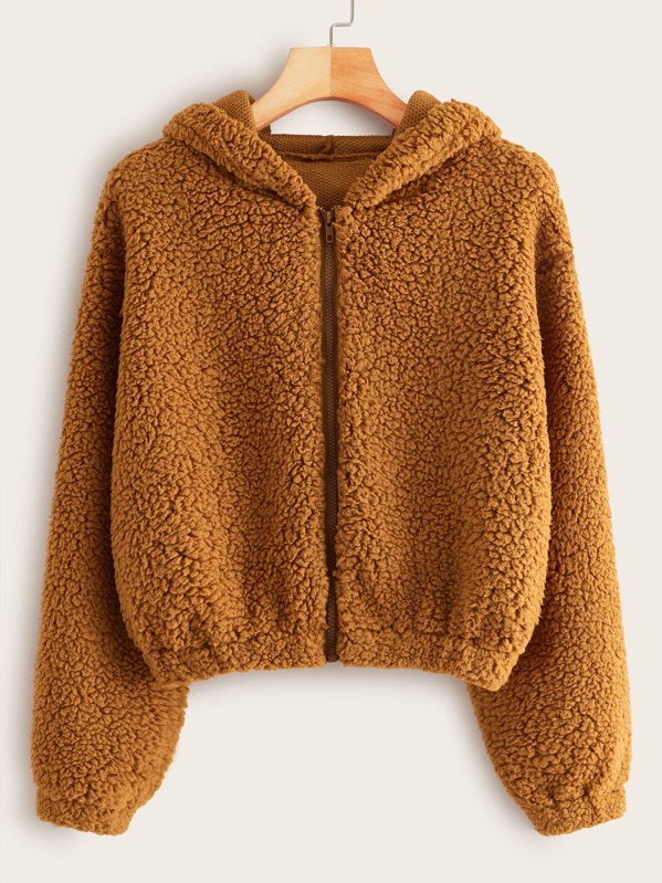 

Solid Zip-up Hooded Teddy Jacket, Brown