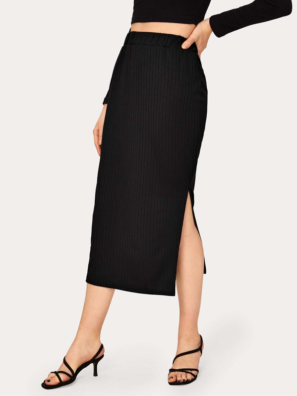 

Solid Slit Hem Ribbed Skirt, Black, Nell