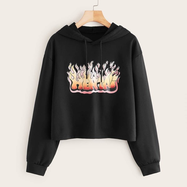 

Foil Flame Letter Print Drawstring Hoodie, Black