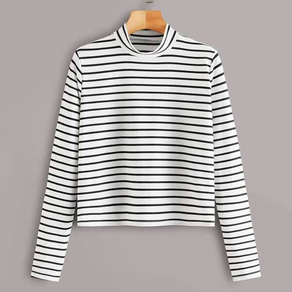 

Striped Mock Neck Long Sleeve Tee, Black and white