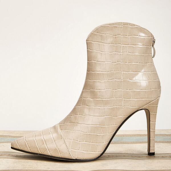 

Point Toe Croc Embossed Stiletto Boots, Beige