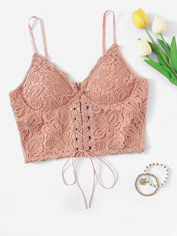 

Eyelet Lace Up Zipper Back Cami Top, Pink