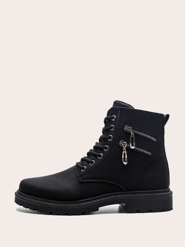 

Men Double Zipper Lace Up Boots, Black