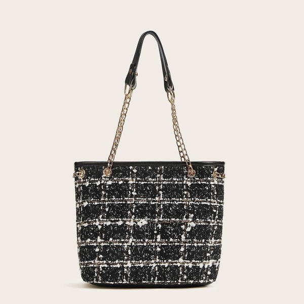 

Tweed Faux Pearls Chain Link Shoulder Bag, Black