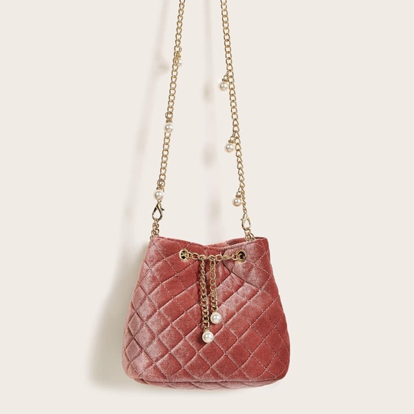 

Velvet Quilted Faux Pears Detail Bucket Chain Bag, Pink