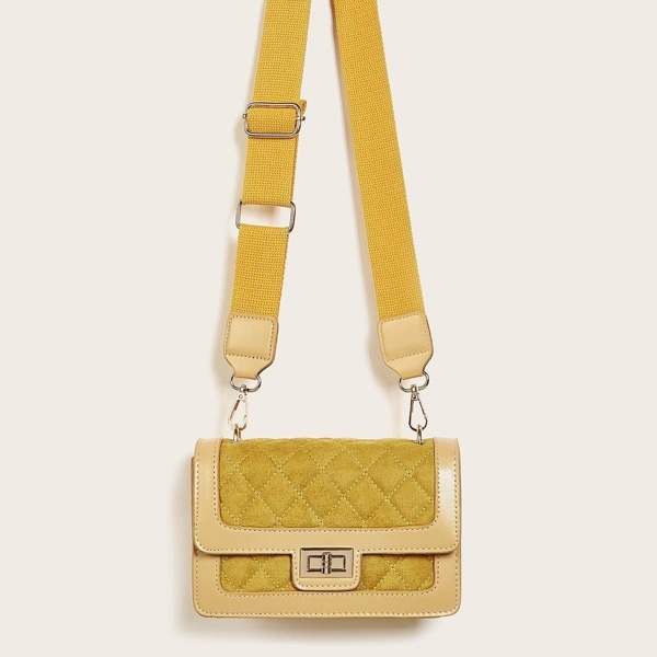 Quilted Twist Lock Guitar Strap Crossbody Bag, Yellow