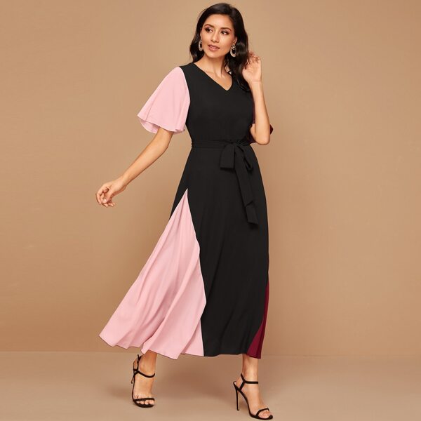 

Flutter Sleeve Self Belted Colorblock Dress, Black
