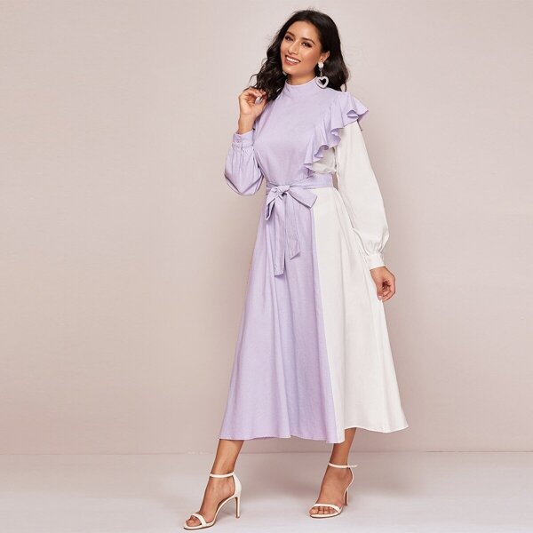 

Mock-neck Lantern Sleeve Ruffle Trim Two Tone Dress