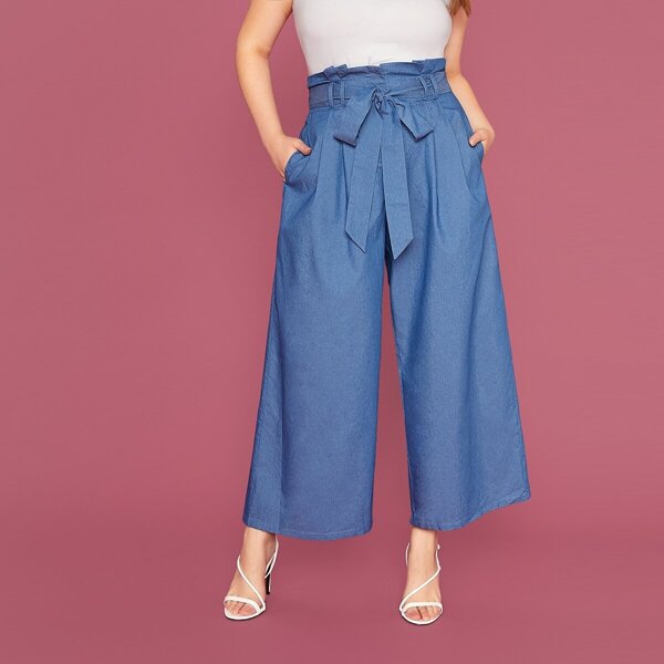 

Plus Paperbag Waist Belted Wide Leg Pants, Blue