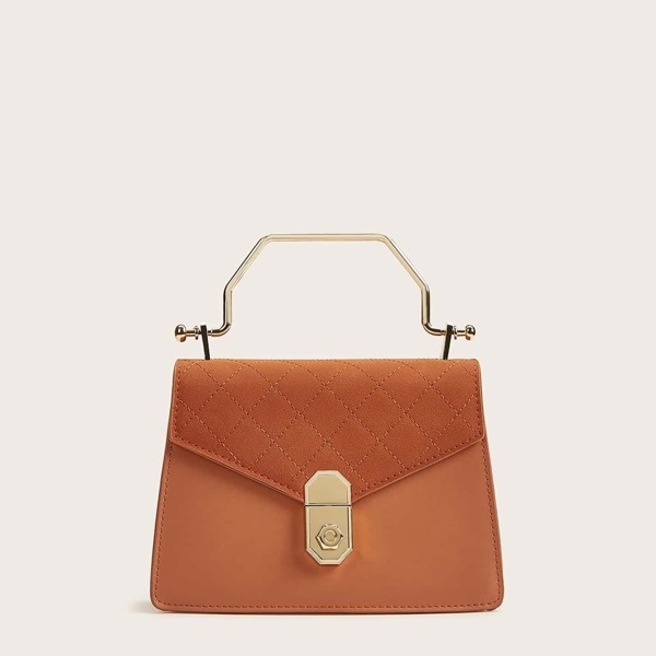 

Quilted Metal Lock Satchel Bag, Brown