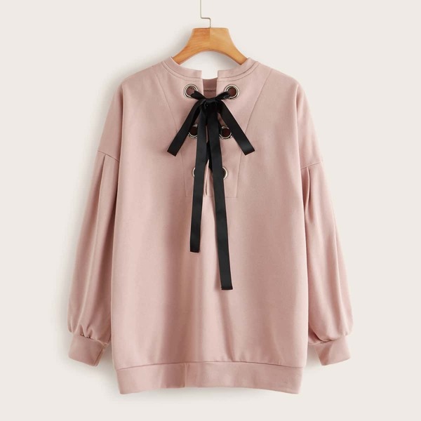 

Lantern Sleeve Eyelet Lace Up Back Pullover, Pink pastel