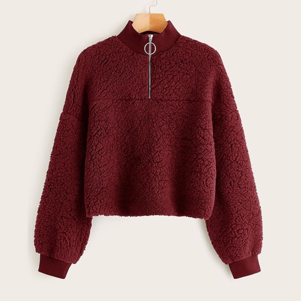 

Zip Half Placket Drop Shoulder Teddy Pullover, Burgundy