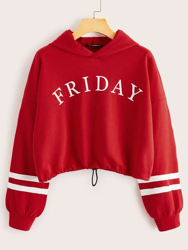 

Varsity Striped & Letter Graphic Drawstring Hem Hoodie, Red
