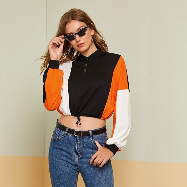 

Buttoned Half Placket Drawstring Hem Colorblock Pullover, Multicolor