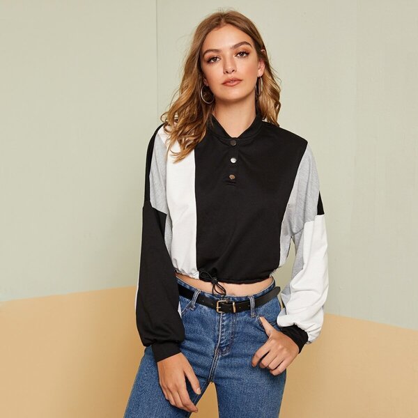 

Drop Shoulder Drawstring Hem Colorblock Pullover, Multicolor