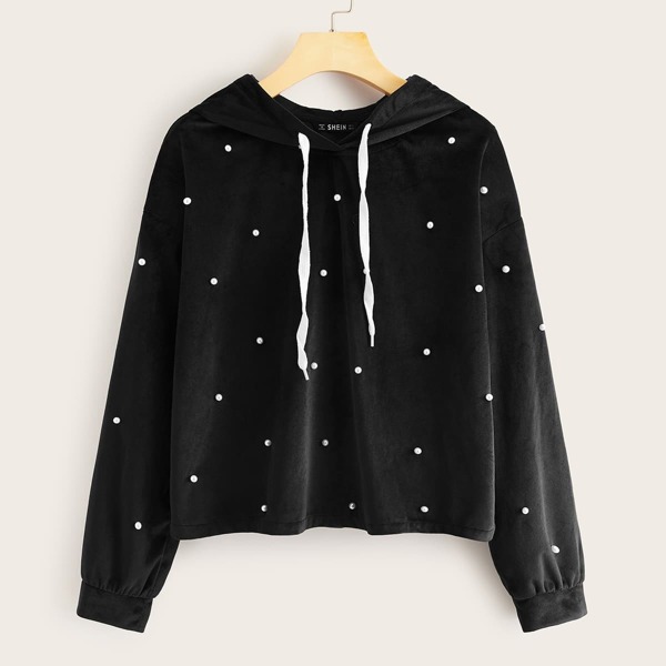 

Pearl Beaded Velvet Hoodie, Black