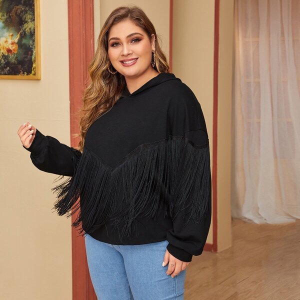 

Plus Fringe Detail Solid Hoodie, Black