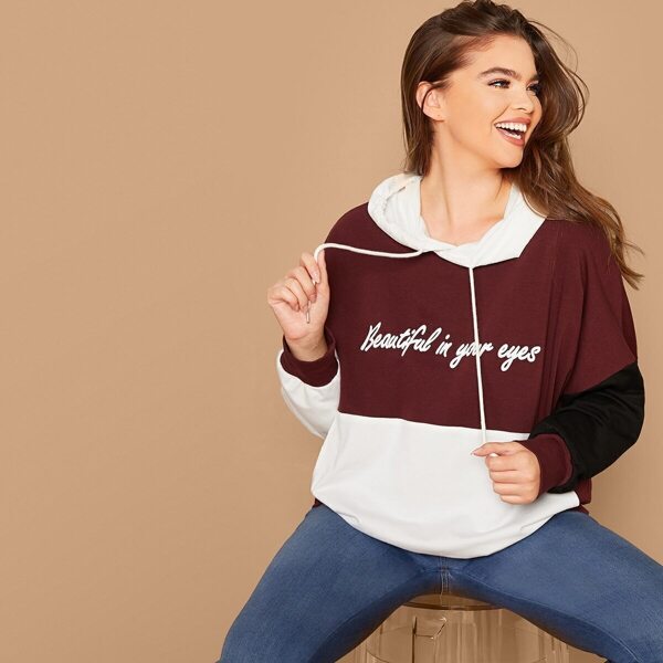 

Plus Slogan Print Colorblock Hoodie, Multicolor