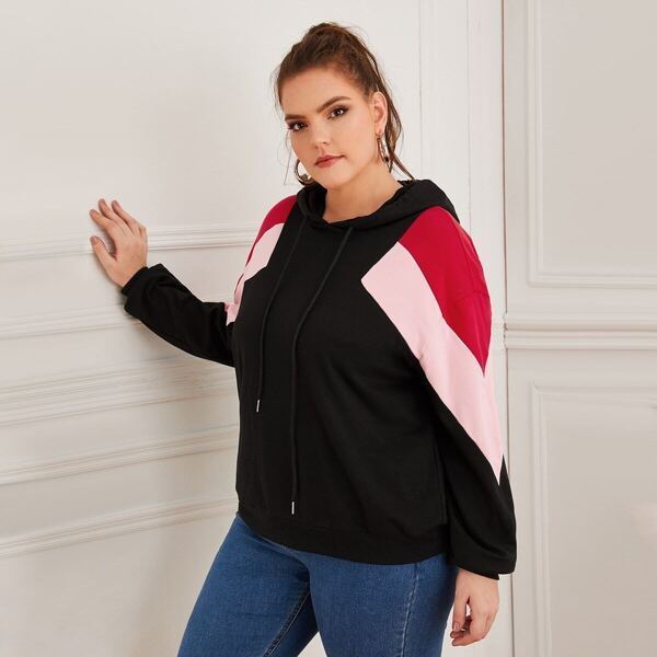 

Plus Colorblock Drawstring Hoodie, Black