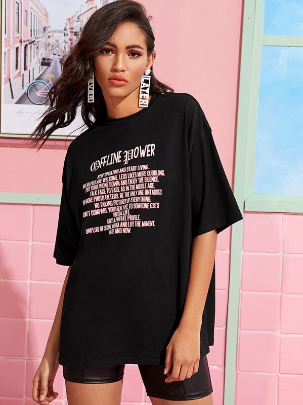 

Drop Shoulder Slogan Graphic Oversized Tee, Black, Graziela