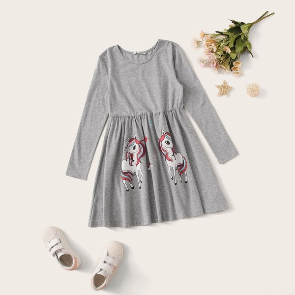

Girls Unicorn Print Heather Grey Dress