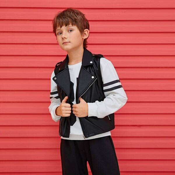 

Boys Zip Up PU Leather Vest Jacket, Black