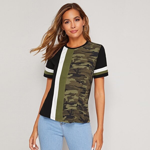

Cut-and-Sew Camo Panel Top, Multicolor