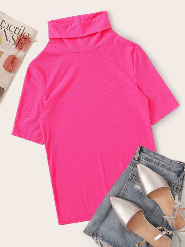 

Neon Pink Turtle Neck Rib-knit Tee