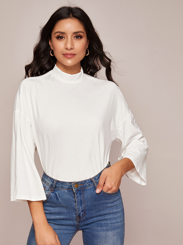

Mock Neck Drop Shoulder Tee, White, Jessica B