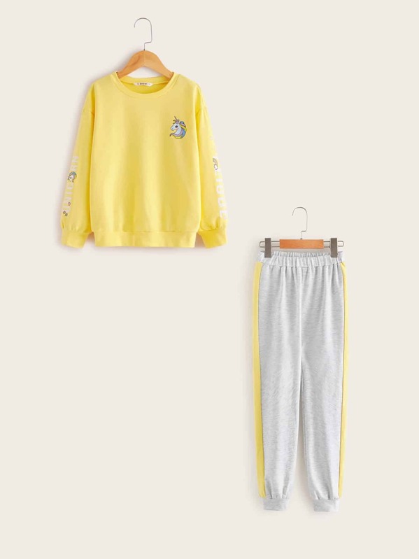 

Girls Unicorn Print Pullover & Striped Side Sweatpants Set, Multicolor