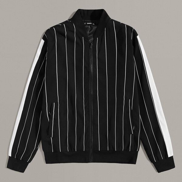

Men Zip Up Striped Bomber Jacket, Black