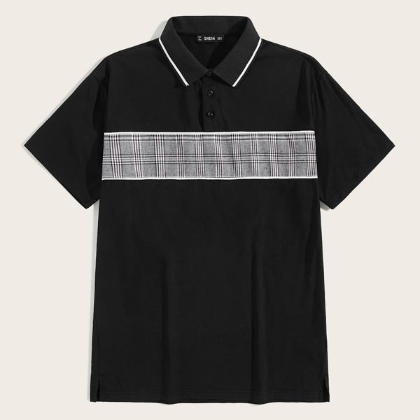 

Men Contrast Binding Glen Plaid Print Polo Shirt, Black
