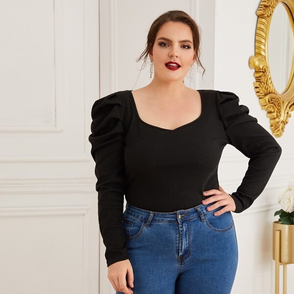 

Plus Gigot Sleeve Rib-knit Tee, Black