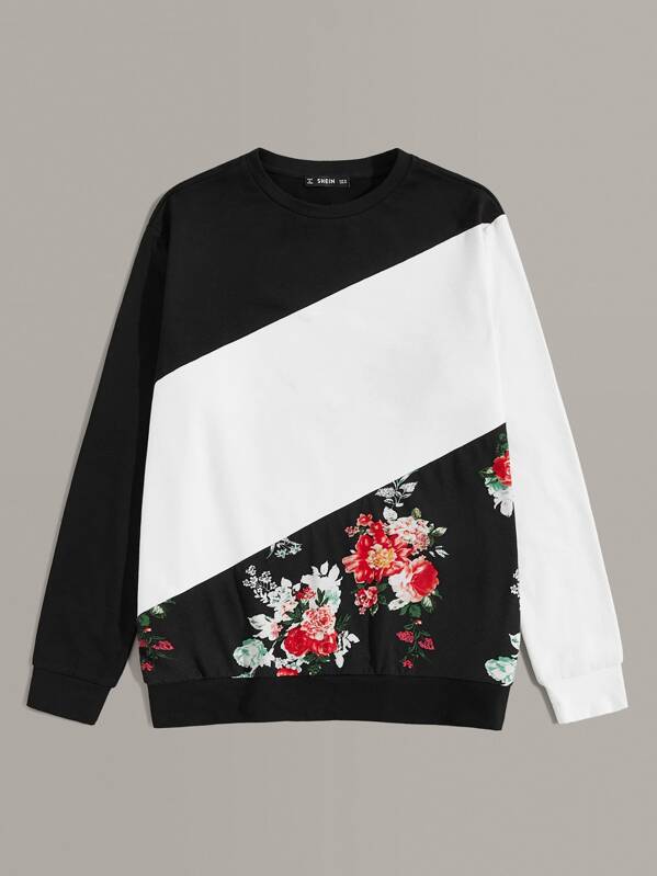 

Men Botanical Print Two Tone Sweatshirt, Black and white