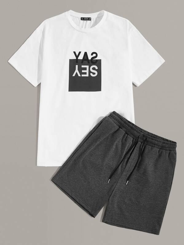 

Men Letter Print Top & Drawstring Waist Shorts Set, Multicolor
