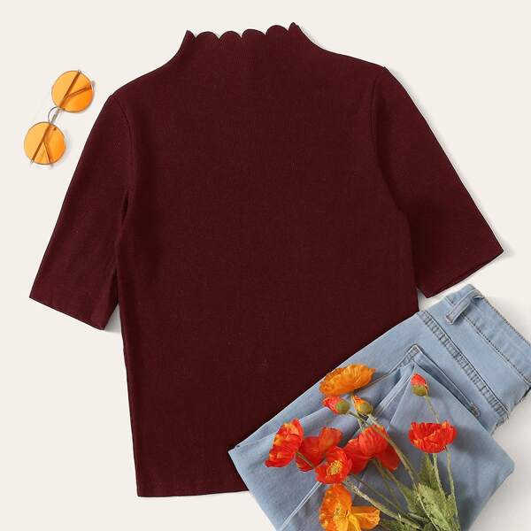 

Scallop Edge Rib-knit Plain Tee