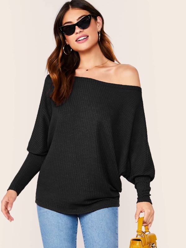 

Asymmetrical Neck Gigot Sleeve Top, Black, Carmen S