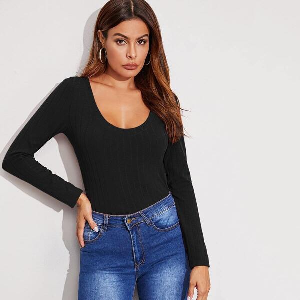 Scoop Neck Rib-knit Tee, Black