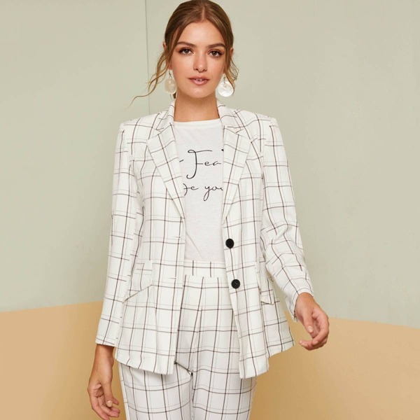 

Notched Collar Single Breasted Plaid Blazer, White