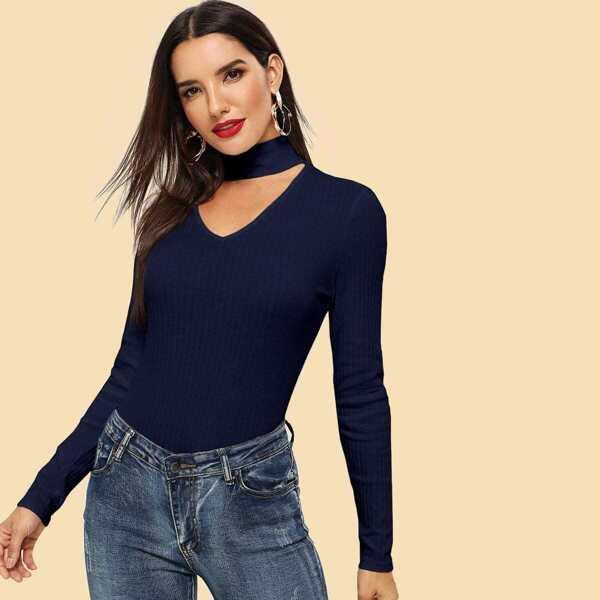 

Choker Neck Rib-knit Top, Navy