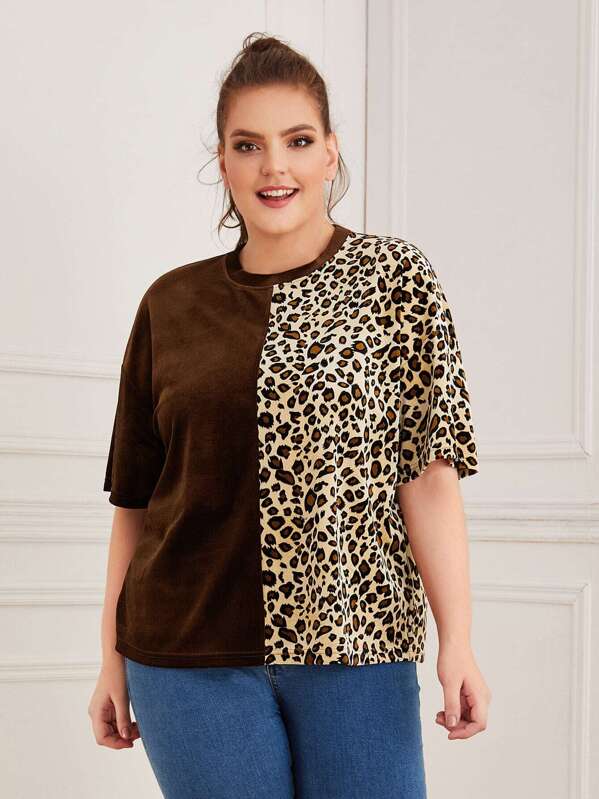 

Plus Drop Shoulder Leopard Print Spliced Velvet Tee, Multicolor, Ella